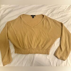 Long sleeve waffle crop in tan